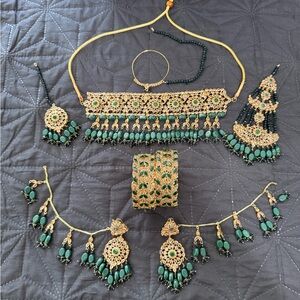 Indian Pakistan  Gold and Green complete bridal wedding Jewelry Set